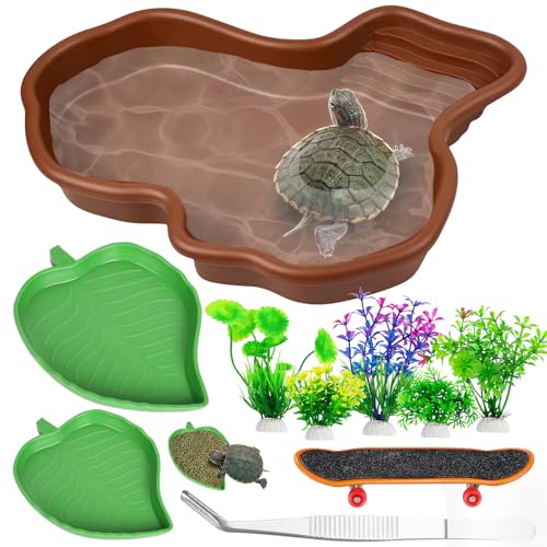 CousDUoBe Futter- und Wassernapf-Set für Schildkröten mit Rampe, Reptilien-Wassernapf für Amphibien, mit Mini-Skateboards, Fütterungspinzette und simulierten Wasserpflanzen, 10-teilig von CousDUoBe