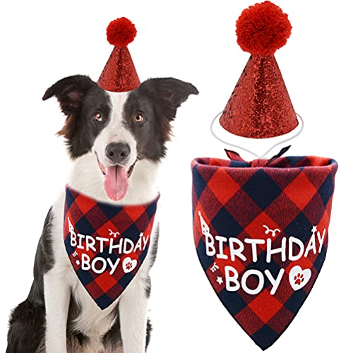 Hunde-Geburtstags-Halstuch und Hut-Set „Birthday Boy“ mit Aufdruck für Hunde, Partyzubehör, Dreieck-Schal, Lätzchen für kleine, mittelgroße und große Haustiere, rot von Covoroza