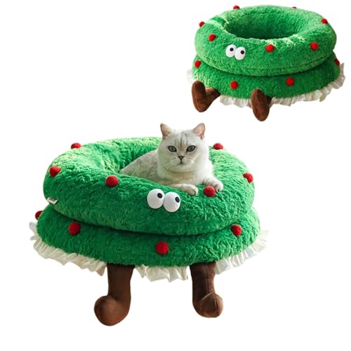 Coxlrrso Katzenbett mit Weihnachtskranz, Katzenbetten mit Weihnachtsbaum für Hauskatzen, weihnachtlich dekoriertes Haustiernest, Weihnachtskatzennest aus Filz von Coxlrrso