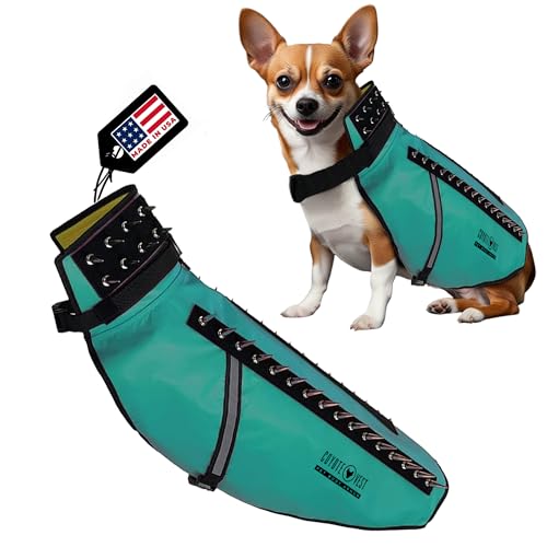 CoyoteVest Hundegeschirr Schutzweste, reflektierendes Hundezubehör mit Spikes, Schnappschnallen für schnelles Tragen und Entfernen (groß, türkis) von CoyoteVest