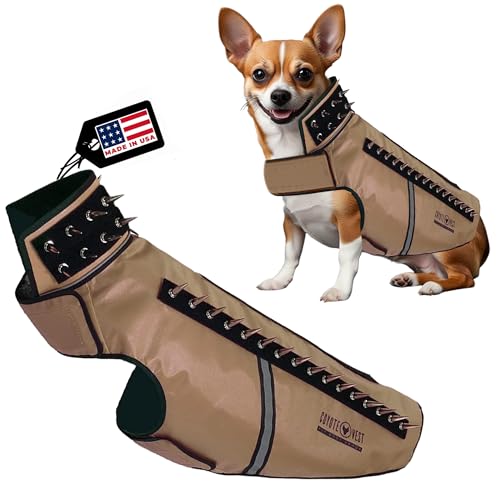 CoyoteVest SpikeVest Hundegeschirr, Weste für kleine Hunde, reflektierende Hundeweste mit Spikes, um dein Haustier vor Kojoten, Raptor- und Tierangriffen zu schützen, Anti-Hawk-Weste, USA(L-Texas Tan) von CoyoteVest