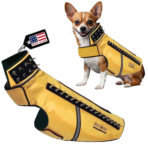 CoyoteVest SpikeVest Hundegeschirr, Weste für kleine Hunde, reflektierende Hundeweste mit Spikes, um dein Haustier vor Kojoten, Raptor- und Tierangriffen zu schützen, Anti-Hawk-Weste, USA (L-Gelb) von CoyoteVest