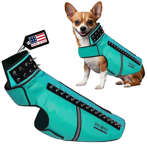 CoyoteVest SpikeVest Hundegeschirr Weste reflektierendes Hundezubehör mit Spikes zum Schutz Ihres Haustieres vor Raptor und Tierangriffen Klettlaschen für schnelles Tragen und Entfernen (groß türkis) von CoyoteVest