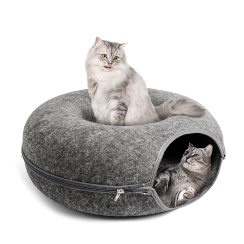 CoziCat Donut-Tunnelbett für Katzen und Kätzchen, weiches Plüsch-Fleece-Futter, abnehmbarer, waschbarer Bezug, Grau (groß, dunkelgrau) von CoziCat