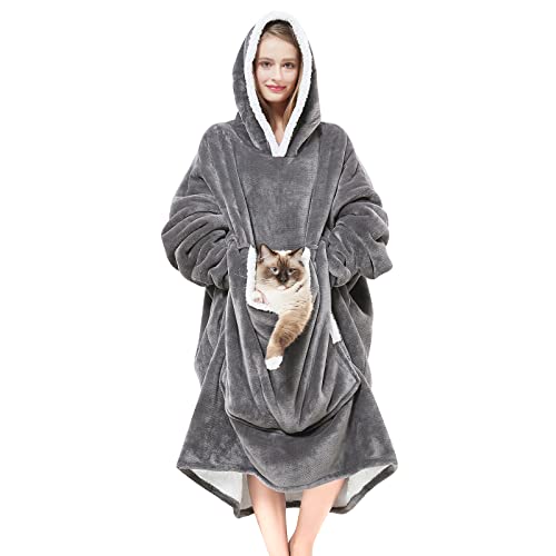 Cozystar Wearable Blanket Hoodie mit riesiger Tasche (Haustier wird nicht verlassen), extra weiches Sherpa-Fleece, dick, warm und gemütlich, übergroße Sweatshirt, Männer, Frauen – Grau von Cozystar