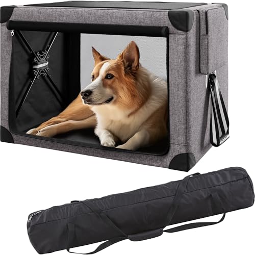 Cozzze Faltbare Hundebox – 81,3 cm, tragbare Hundebox für mittelgroße Hunde, faltbare Hundebox mit abnehmbarer Aufbewahrungstasche, abnehmbarem Polster und Netzfenstern für draußen und drinnen (grau) von Cozzze