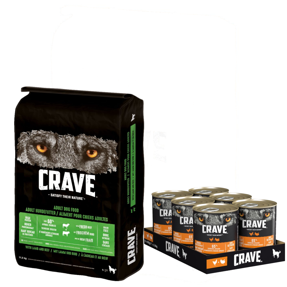 11,5 kg Crave Adult Trockenfutter + 6 x 400 g Adult Nassfutter zum Sonderpreis! - 11,5 kg Lamm & Rind + 6 x 400 g Huhn und Truthahn von Crave