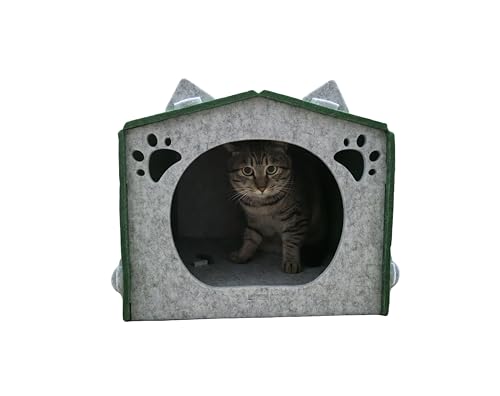 Indoor Katzenhöhle aus Filz, Abnehmbares Katzenbett, Katzenzelt, Katzencouch für Große Katzen (Green+Grey, Large) von CrazycatZ