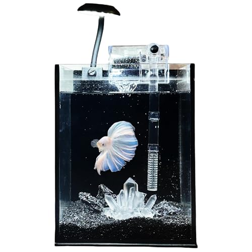 Nano-Fischtank, ultraklares Glas-Aquarium-Starter-Set, randloses kleines Aquarium mit Filter und COB-Fischlicht und Landschaftsdekorationen (schwarzes Aquarium, weißer Kristall, klein) von Crd