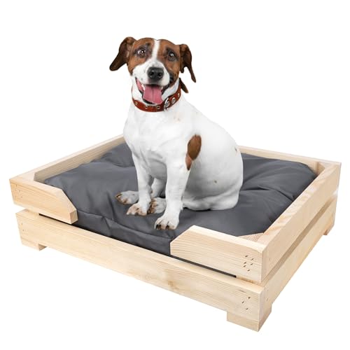 Creative Pets Hundebett aus Holz mit Hundekissen | 58 x 44 x 14 cm | Hundekorb Bequemes Kissen Dunkelgrau | Langlebiges Hundesofa | Hundematte für kleine Hunde von Creative Pets