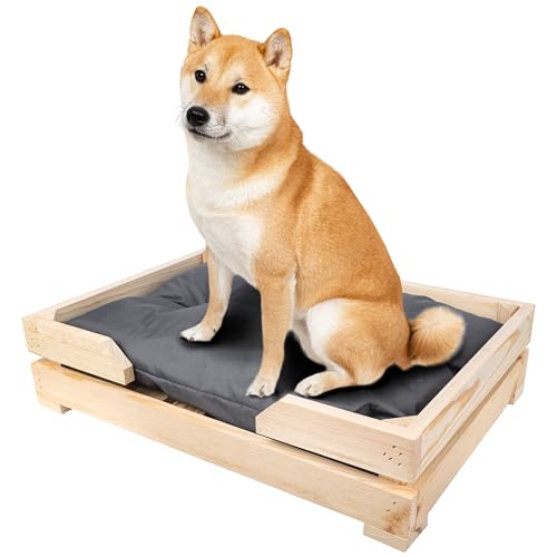 Creative Pets Hundebett aus Holz mit Hundekissen | 68 x 48 x 14 cm | Hundekorb Bequemes Kissen Dunkelgrau | Langlebiges Hundesofa | Hundematte für mittelgroße Hunde von Creative Pets