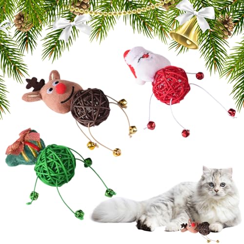 3 Stück Weihnachten Katzenspielzeug Weihnachtsmann Kätzchen Rattan Bälle Spielzeug Elch Indoor Katzen Spielspielzeug Weihnachtsbaum Kauen Interaktives Spielzeug Weihnachten Haustier Rattan Bälle von Cretvestsar