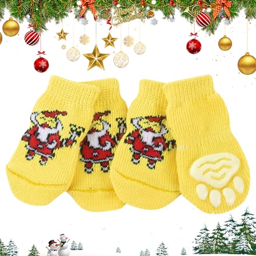 4 Stück Weihnachten Anti-Rutsch-Hundesocken Weihnachtsmann Stricksocken Socken Hunde Verhindern Sie Lecken Durch Tragen Haustierpfotensocken für Kleine Mittelgroße Hunde Hartholzböden laufen (Gelb) von Cretvestsar