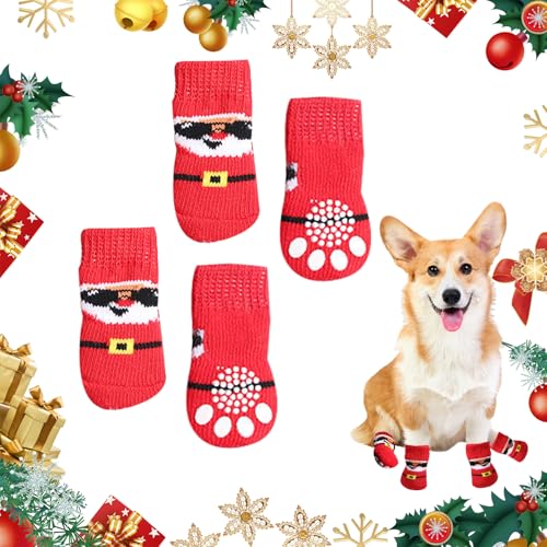 4 Stück Weihnachten Anti-Rutsch-Hundesocken Weihnachtsmann Stricksocken Socken Hunde Verhindern Sie Lecken Durch Tragen Haustierpfotensocken für Kleine Mittelgroße Hunde Hartholzböden laufen (Rot) von Cretvestsar