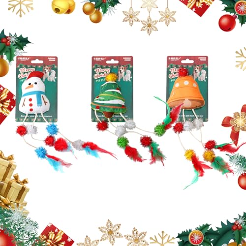 Cretvestsar 3 Stück Weihnachtsglocken Katzenspielzeug mit Katzenminze Weihnachtsbaum Katzenspielzeug Federn Plüsch Cartoon-Schneemann Katzenkauspielzeug für Kätzchen Hunde,Welpen,Festgeschenk von Cretvestsar