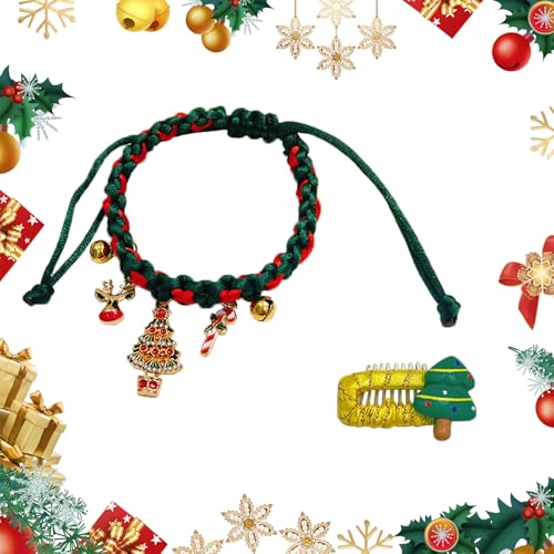 Weihnachten Handgemachtes Haustier Gewebtes Halsband Verstellbare Weihnachtsstrick-Katzenhalsbänder mit Haarspangen Hunde Katzenglockenhalsband für Katzen Kleine Welpen Hunde (Weihnachtsbaum) von Cretvestsar