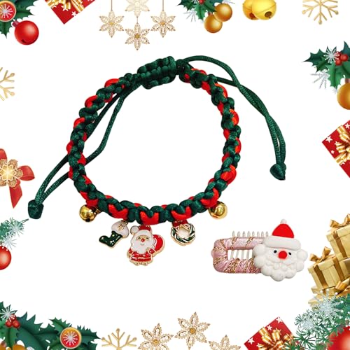 Weihnachten Handgemachtes Haustier Gewebtes Halsband Verstellbare Weihnachtsstrick-Katzenhalsbänder mit Haarspangen Hunde Katzenglockenhalsband für Katzen Kleine Welpen Hunde (Weihnachtsmann) von Cretvestsar