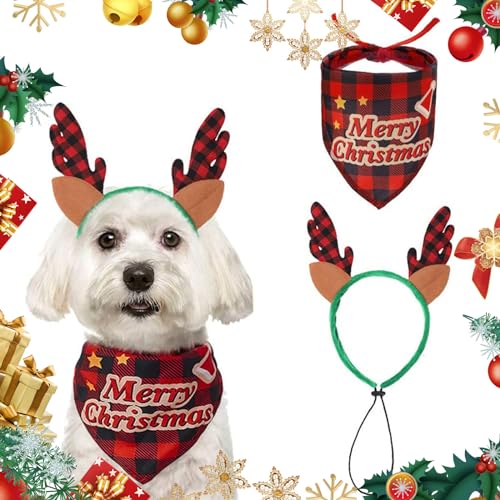 Weihnachts-Dreiecks-Lätzchen Elchgeweih Hunde-Stirnband Weihnachten klassisch dreieckiger Hundeschal Weihnachtsmütze Katzen-Bandana-Mütze Lätzchen Frohe Weihnachten Kopftuch Schal Hunde Bandan (A) von Cretvestsar