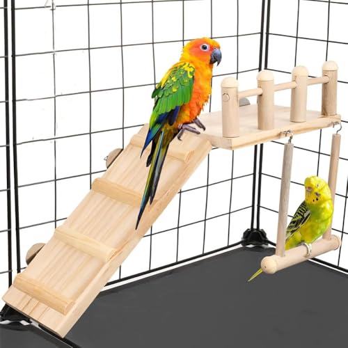 Crevyteg Hamster Bird Sitzstangen Käfig Spielzeug Papagei Holzplattform mit Kletterleiter und Schaukel Holz Kletterspielzeug für Hamster Golden Bear Kleintier Kletterleiter Plattform Ständer für von Crevyteg