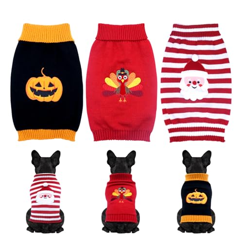 3 Stück Halloween Thanksgiving Weihnachten Hund Katze Strickpullover Set – Hundekleidung mit Weihnachtsmann-Muster, Kürbis, Truthahn, Haustierkostüme, Hundepullover für den Urlaub von CristBest