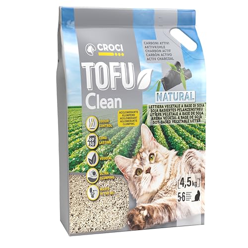 Croci Tofu Clean Katzenstreu, 10 l, Aktivkohle, klumpend, geruchshemmend, mit Aktivkohle, biologisch abbaubar, 100% pflanzlich, langanhaltender Sand von Croci