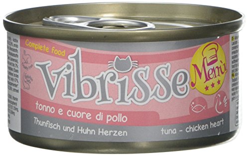 Croci Vibrisse Katzenfutter Nassfutter Thunfisch und Hühnerherz, Alleinfutter mit Eisen, Vitaminen und Mineralsalzen, 24 Dosen à 70 g von Croci