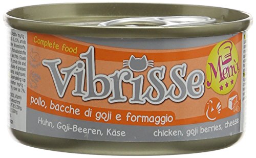 Croci Vibrisse Nassfutter für Katzen mit Huhn, Goji-Beeren und Käse, Alleinfuttermittel mit Eisen, Vitaminen und Mineralsalzen, 24 Dosen à 70 g von Croci