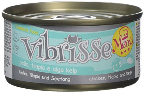 Croci Vibrisse Nassfutter für Katzen mit Huhn Tilapia und Kelp Alge, Alleinfuttermittel mit Eisen, Vitaminen und Mineralsalzen, 24 Dosen à 70 g von Croci