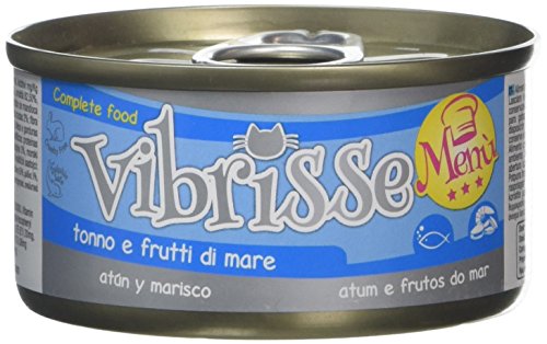 Croci Vibrisse Nassfutter für Katzen mit Thunfisch und Meeresfrüchten, Alleinfutter mit Eisen, Vitaminen und Mineralsalzen, 24 Dosen à 70 g von Croci