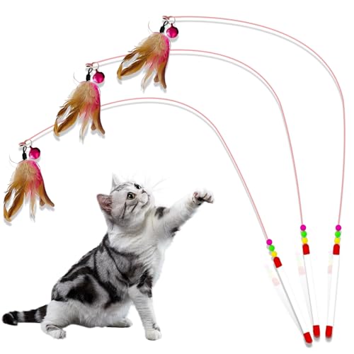 Crrynuo Interaktives Katzenspielzeug Spielzeug mit Federn, 3 Teile Katzen Spielzeug Set mit Katzenangel,Federstab,Ersatzfedern mit Anhänger Feder Glocke, 66cm Stab und Glocken für Kätzchen oder Katze von Crrynuo