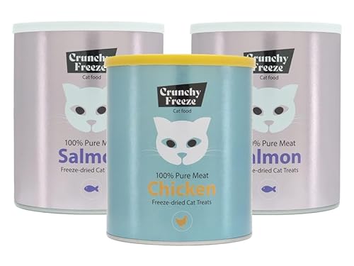 Crunchy Freeze Snack für Katzen - gefriergetrocknetes Katzenfutter ohne Zucker - Katzensnack für Zahnpflege und Gesundheit (1x Hunh + 2x Lachs, 3 x 140 g) von Crunchy Freeze