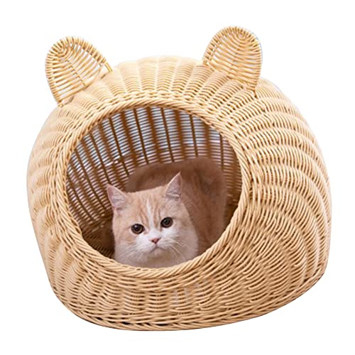 Halbgeschlossenes Katzenhaus, großer Raum, Rattan-Imitat, handgewebt, halbgeschlossenes Katzenbett, waschbar, niedliches Katzenohren für den Innenbereich, für Haustiere für Katzen (Beige) von Cryfokt