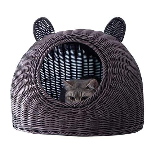 Halbgeschlossenes Katzenhaus, großer Raum, Rattan-Imitat, handgewebt, halbgeschlossenes Katzenbett, waschbar, niedliches Katzenohren für den Innenbereich, für Haustiere für Katzen (Kaffee) von Cryfokt