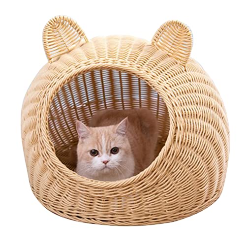 Katzenbett, niedliches halbgeschlossenes Katzenhaus, atmungsaktiv, wilde Katzenhause, ordentliches Rattan-Imitat, handgewebte Katzenhäuser, waschbarer Tierschutz für Kätzchen, Outdoor, Indoor (Beige) von Cryfokt