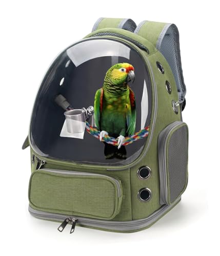 Mehrzweck-Vogel-Rucksack mit Sitzstange und Tablett, atmungsaktiv, transparentes Fenster, Reisekäfig für Nymphensittiche, Caique, Conure, Quaker, perfekt für Tierarztbesuche, Camping und Wandern, Grün von CryptoBai