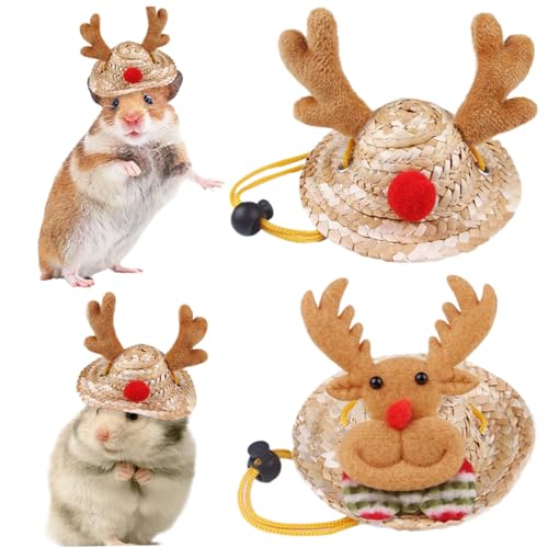 2pcs Hamster Hut Antler & Hirsch Weihnachtshamsterhüte Verstellbare Hamsterkleidung für echte Hamster mit Gurt Stroh Hamster Zeug Fotos (groß) von Csafyrt