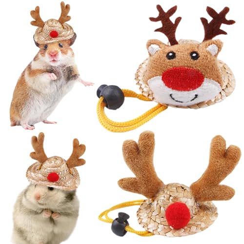 2pcs Hamster Hut Antler & Hirsch Weihnachtshamsterhüte Verstellbare Hamsterkleidung für echten Hamster mit Gurt Stroh Hamster Stuffotos (klein) von Csafyrt