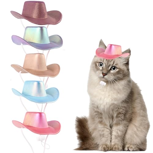 5pcs Hund Cowboy Hut Glitter Katze Cowboy Hut Hunde Sonnenhut mit verstellbarem Halsgurt Welpe Hut für Halloween Holiday Party Decor von Csafyrt