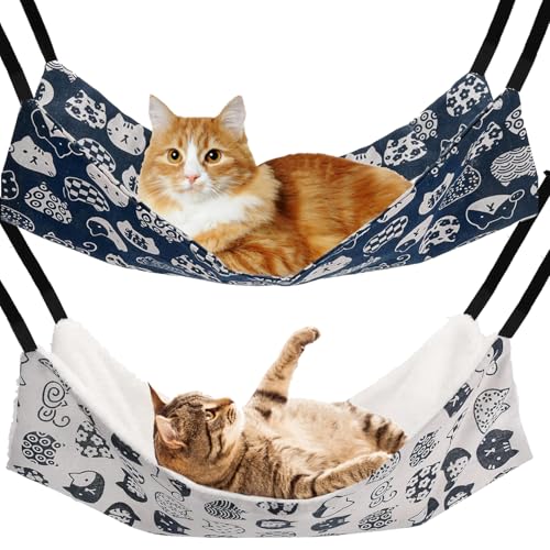 Csafyrt 2pcs Katzen Hängematte Katzenmuster Hängematte für Käfigweiche, atmungsaktives hängendes Bett mit verstellbaren Gurten und Metallhakenzubehör von Csafyrt