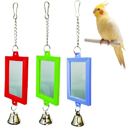 Csafyrt 3pcs Vogelspielzeug für Sittiche 3 Farbe Rechteckiger Vogelspiegel mit Bell Charm 2,4x8,7 Zoll Hängende Vogelspielzeug mit Hakengeschenken von Csafyrt