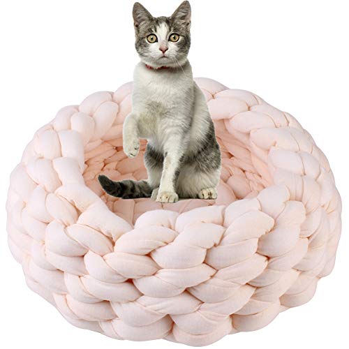 Csheng Hundebett Donut Hundebett Flauschiges Hundebett Haustierbett Welpenbett DIY Handgestricktes Nest Super Dickes Woll-Haustiernest Mit Füllgarn Gewebtes Haustiernest beige,35cm/14in von Csheng