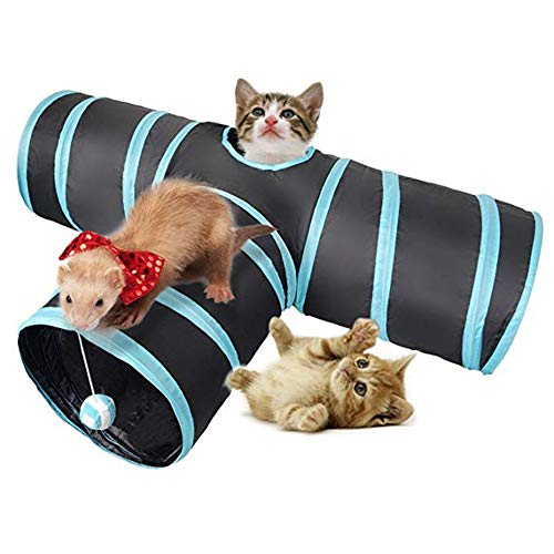 Csheng Katzentunnel Katze Kanal Faltbar Dreiwege Katze Kanal Katze Zubehör Katze Bell Ball Pom Pet Katze Spielzeug Tunnel Röhre Haustier Katze Mäuse Game Hide Suchen Spielen Übung Blue von Csheng