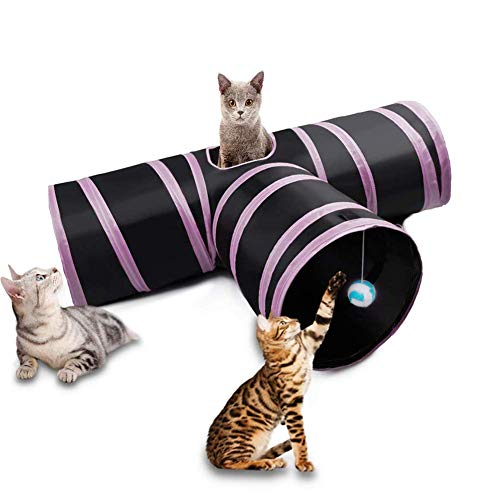 Csheng Katzentunnel Katze Kanal Faltbar Dreiwege Katze Kanal Katze Zubehör Katze Bell Ball Pom Pet Katze Spielzeug Tunnel Röhre Haustier Katze Mäuse Game Hide Suchen Spielen Übung pink von Csheng