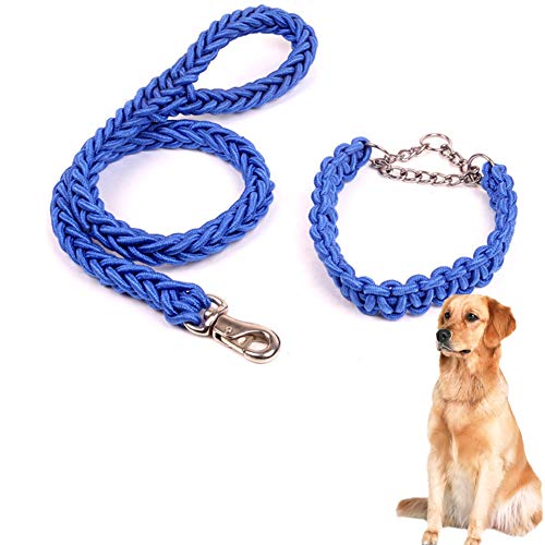 Csheng Seil Hund Blei Welpe Blei Hundehalsband Und Blei Set Handgewebtes Halsband Achtsträngige Seilkette Haustier Leine Hundeleine Hundetraining Leine Für Das Laufen Im Freien Laufleine Blue,34 von Csheng