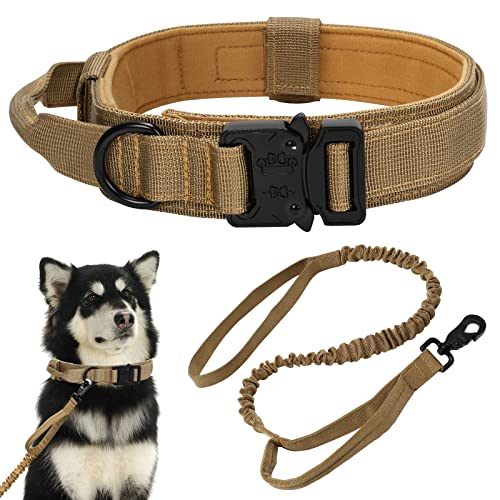 Taktisches Hundehalsband und Leine, Sicherheitsentriegelung, verstellbares Hundehalsband mit bequemem, gepolstertem Griff, 90 cm starke Nylon-Leine, für mittelgroße und große Hunde (Khaki, L) von Ctrunit