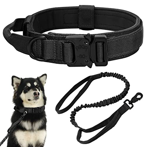 Taktisches Hundehalsband und Leine, Sicherheitsentriegelung, verstellbares Hundehalsband mit bequemem, gepolstertem Griff, 90 cm starke Nylon-Leine, für mittelgroße und große Hunde (schwarz, M) von Ctrunit