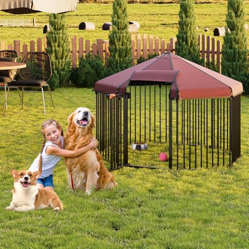 Hundehütte für den Außenbereich mit Dach, Outdoor-Hunde-Laufstall mit Metallgitter, robuster achteckiger Hundegehege mit Schloss für den Hinterhof im Freien (4,9 x 4,9 x 3,6 Fuß) von CuisinSmart