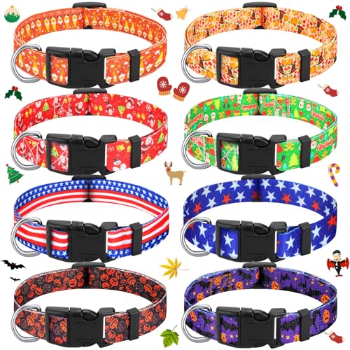 8 Stück Halloween Thanksgiving Hundehalsbänder Herbst Hundehalsband Weihnachten Hundehalsband Kürbis Truthahn Haustier Halsband mit Kunststoffschnalle Kürbis Geist Ahorn verstellbare Hundehalsbänder von Cunno