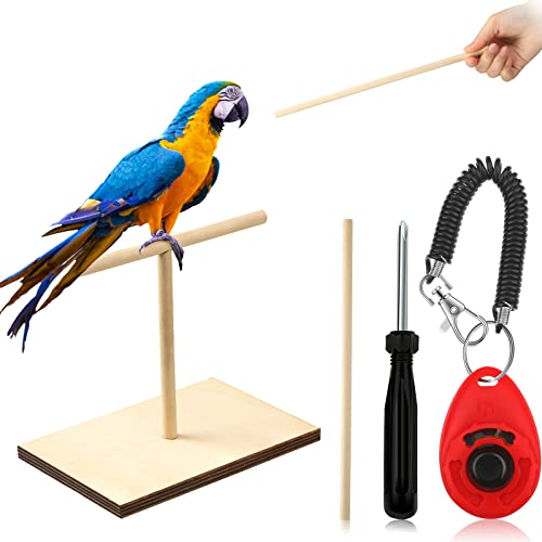 Cunno 3-teiliges Vogel-Trainings-Ständer-Set, Papageien-Training, Klicker, tragbare Tischplatte, Vogelstange und Zielstab, Holz-Spin-Trainingsstange, Lovebird, Nymphensittich von Cunno