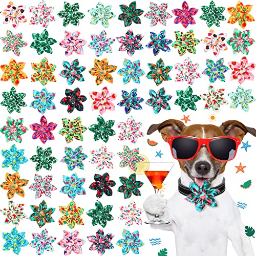 Cunno 60 Stück Hundehalsband Blumen Bulk Sommer Hawaii Hund Fliege Hundehalsband Zubehör Haustier Charms Pflege Flamingo für kleine, mittelgroße und große Katze Welpen Hundehalsband Befestigung Sommer von Cunno